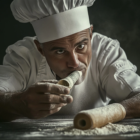 厨师桌边使用面粉包装