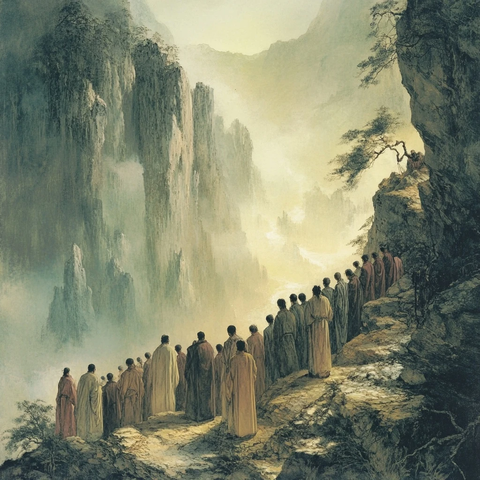 山间小道上行走的僧人群体