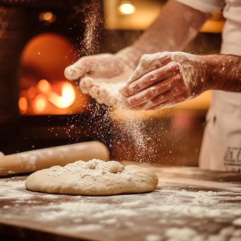 双手揉制披萨面团面粉飘散