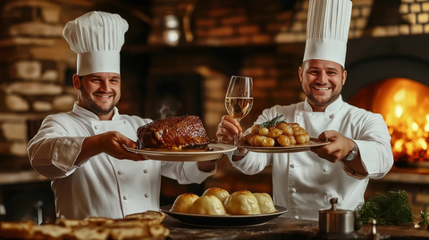 厨师庆祝牛肉卷配土豆球