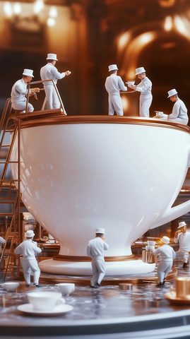 微型咖啡专家检查巨型咖啡杯