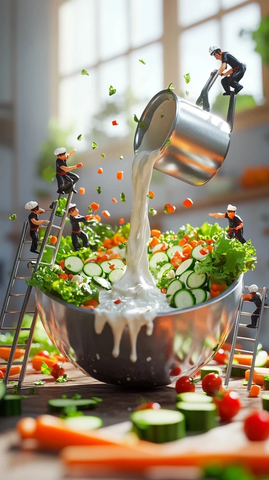 迷你厨师倒酱入巨型蔬菜沙拉