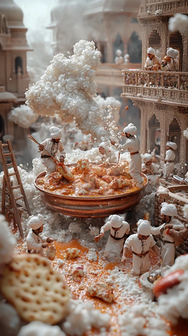 巨大铜锅黄油鸡与微型厨师