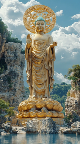 山水间的巨型金色佛像