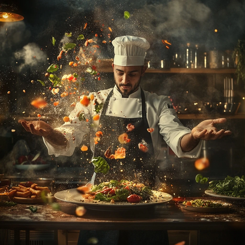 厨师展示跳跃蔬菜料理