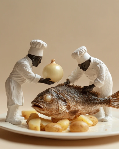 厨师雕塑准备鱼和土豆