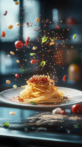 飞舞盘中的意大利面与酱料