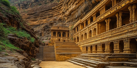 依山而建的古老石窟建筑