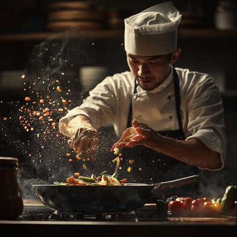 厨师翻炒蔬菜特写