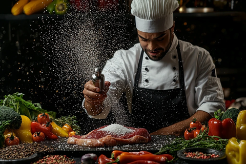 厨师撒盐在生肉上