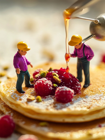 迷你厨师在微型煎饼上撒配料