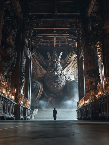 一人站在神秘雕像的古老殿堂内