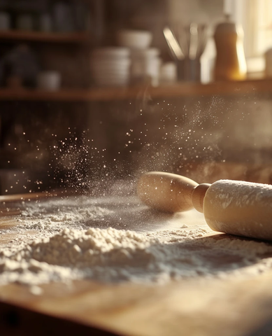 面团擀制中的烘焙工作台