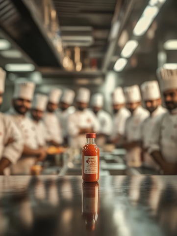 位厨师微笑注视番茄酱瓶