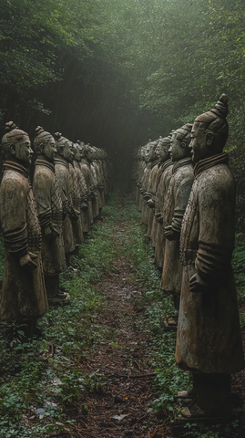 林间排列整齐的古代士兵雕像