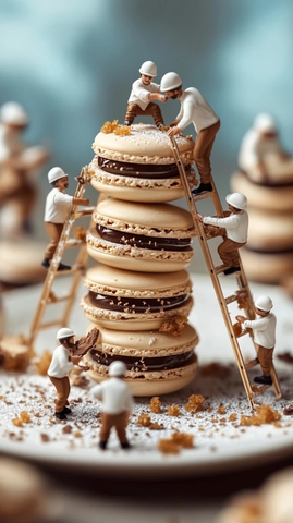 工人堆叠巧克力夹心马卡龙