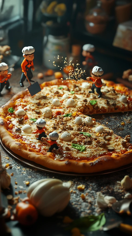 小厨师们在披萨上的忙碌场景