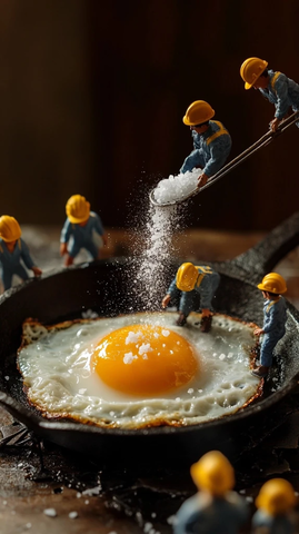 小工人在铁锅边撒盐煎蛋
