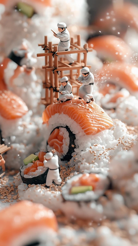 巨型三文鱼刺身与微型日式厨师