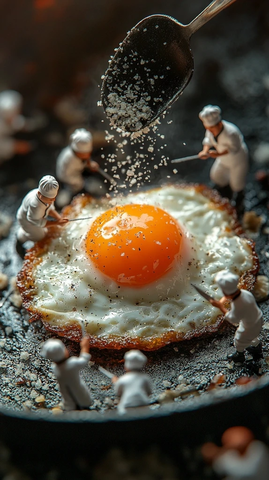 煎蛋上的迷你厨师忙碌场景