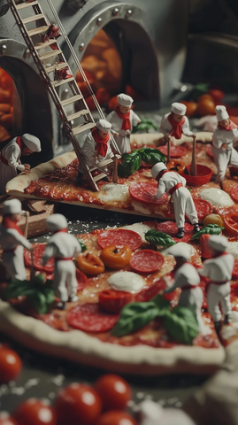 微型厨师制作巨型披萨