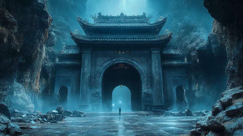 古风建筑屹立于山谷间的神秘场景