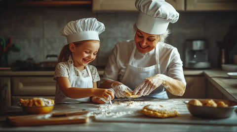 祖孙俩戴厨师帽做点心