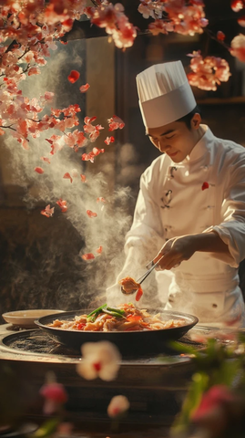 厨师制作中式炒菜装饰花朵