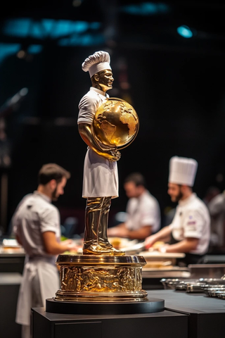 厨师雕像站立地球仪前