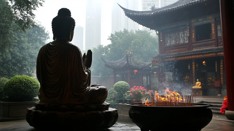 寺庙中佛像雕塑与香火盆的场景