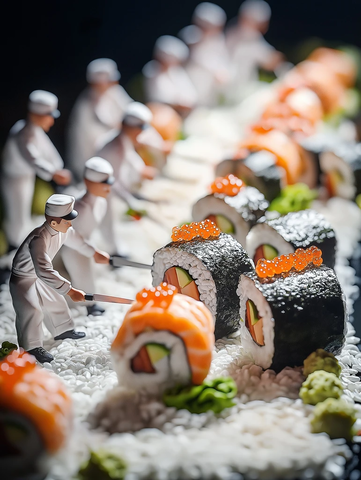 迷你厨师切割巨大寿司卷