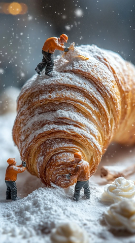 小人忙碌于巨型可颂面粉