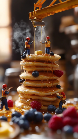 微型工人堆叠黄金煎饼