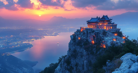 悬崖上的古建夜景与山水远景交相辉映