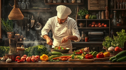 厨师烹饪新菜品桌上摆满蔬菜