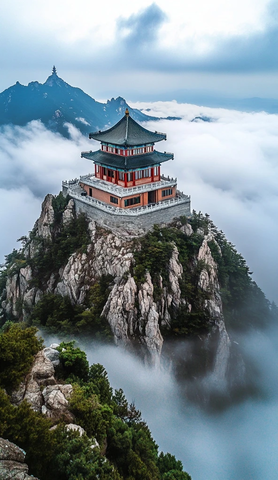 云雾缭绕中屹立于山巅的传统楼阁
