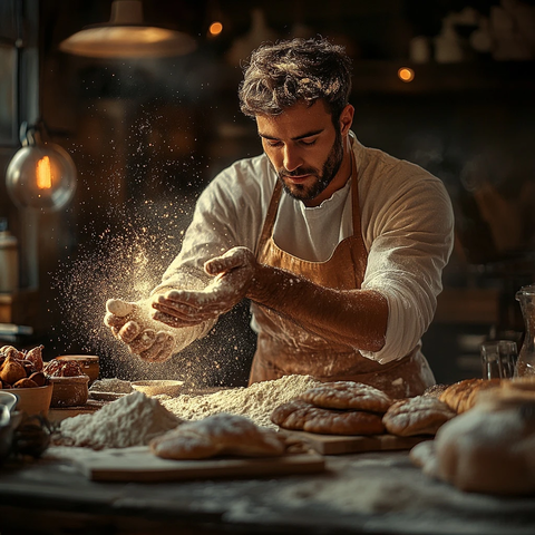 男面包师撒面粉桌边专注