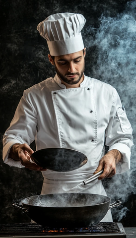 厨师持锅烹饪全貌