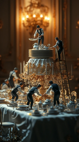 小人服务员布置巨型餐桌