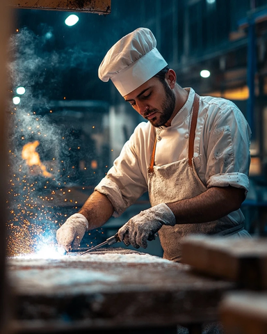 厨师戴帽穿围裙操作焊接机