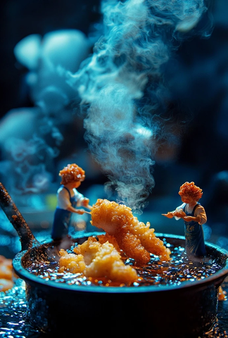 工人烹饪黄金炸鸡的迷你场景