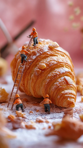 工人迷你模型建造巨型牛角面包