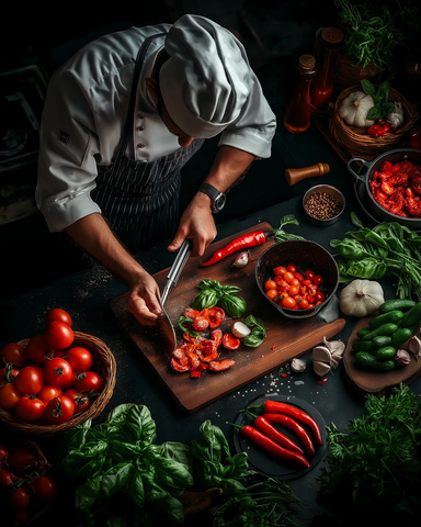 厨师烹饪蔬菜香料忙碌厨房