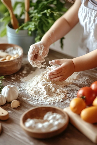 孩子烘焙健康食材桌上手部特写