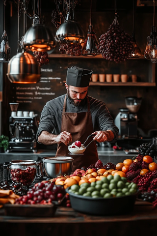 咖啡店大师傅制作冰淇淋水果拼盘