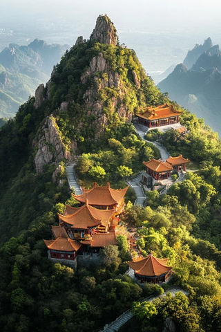 山间的中式古建筑群鸟瞰全景