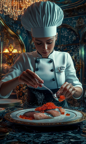 女厨师演示鱼子酱菜品