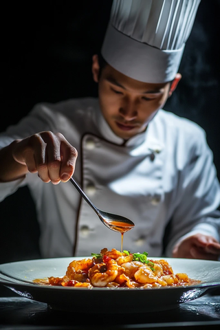 厨师精心烹制红烧大虾
