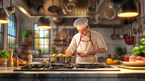 厨师准备早餐大厨房场景