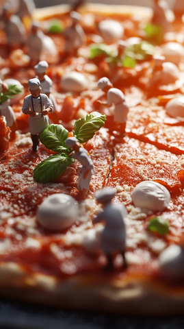 巨型披萨上的微型厨师